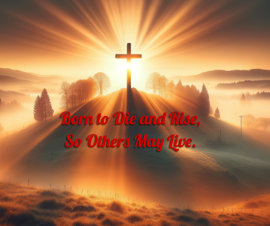 Born-to-Die-and-Rise22FB Solitary cross backlit by the rising sun representing the risen Christ who died for our sins.